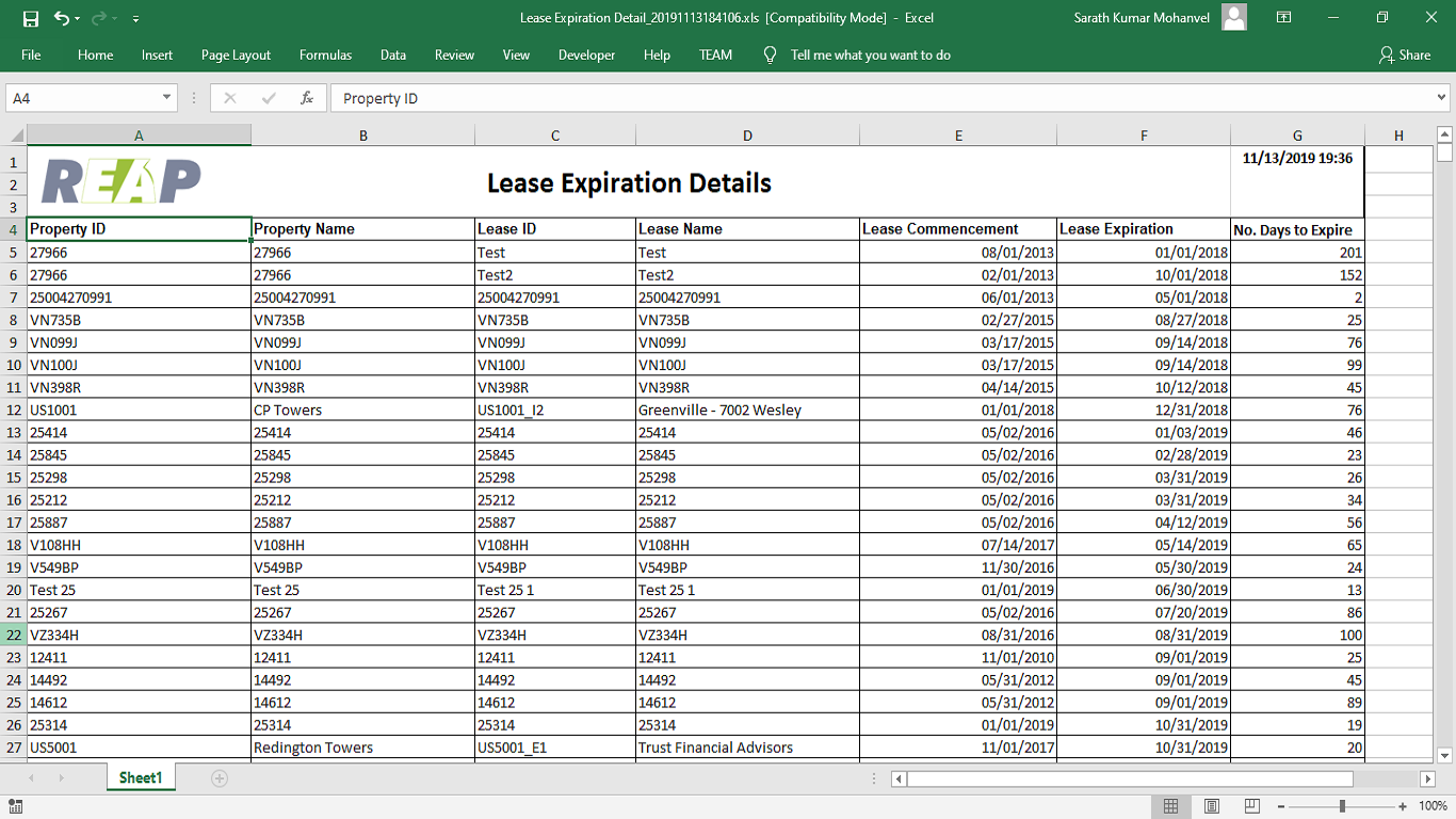 Lease expiration details output - Excel view